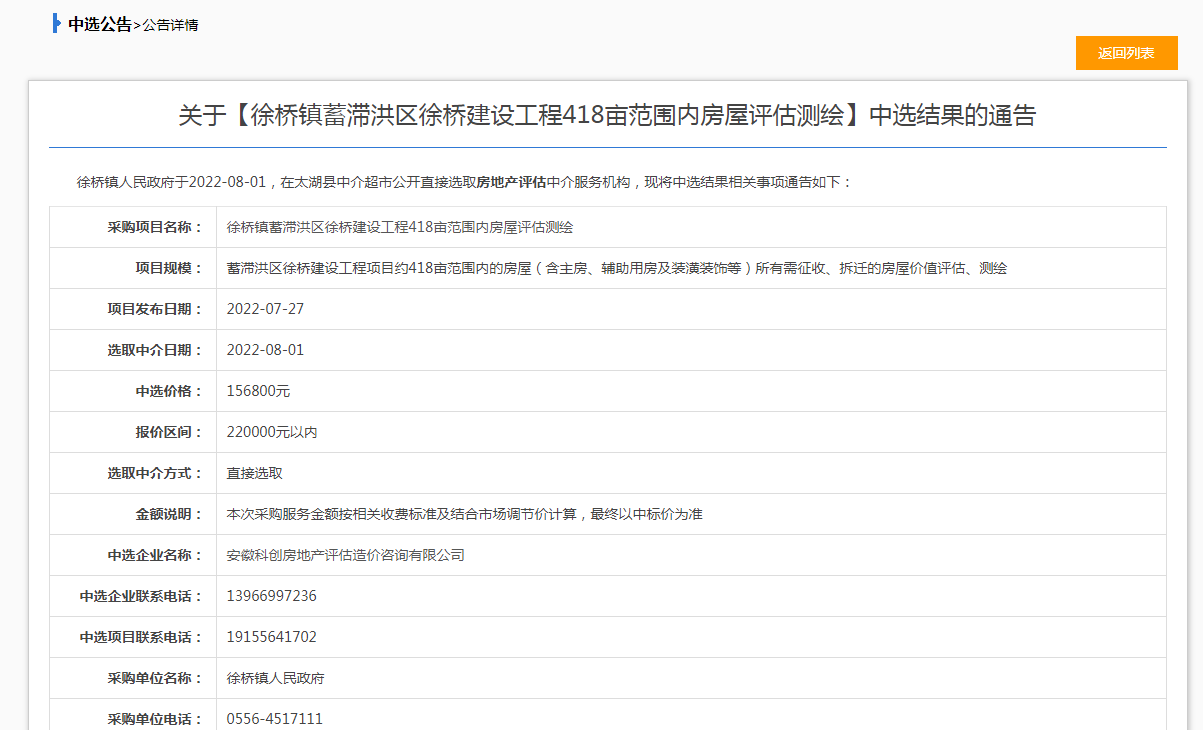 公司被選聘為太湖縣徐橋鎮(zhèn)蓄滯洪區(qū)418畝范圍內(nèi)房屋征收評(píng)估機(jī)構(gòu)